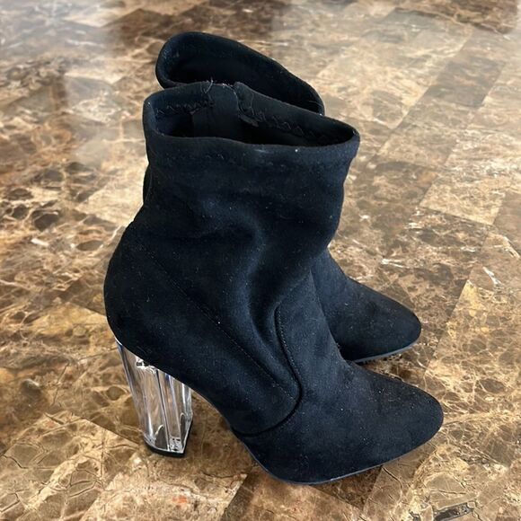 Clear Block Heel Suede Booties. - Picture 3 of 5